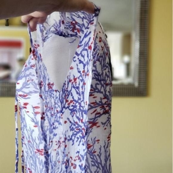 Letarte Silk Sheer Fish and Coral Print Lace Up Swim Coverup with Beads/Sequins - Picture 4 of 7